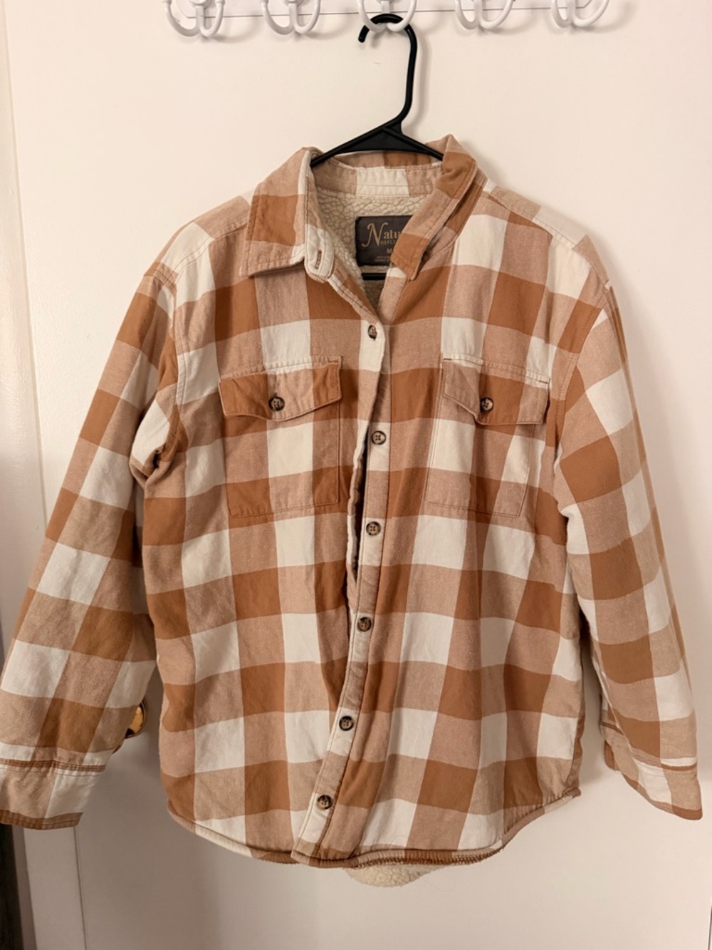 Natural Reflections Tan and White Buffalo Plaid Sherpa-Lined Jacket